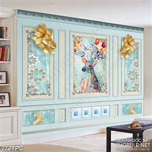 Tranh phào chỉ rèm màn psd những bông hoa vàng bên chú hươu