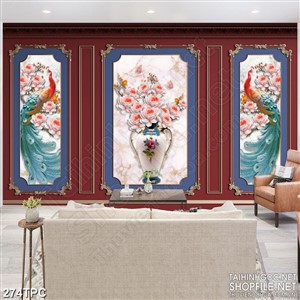 Tranh phào chỉ 5d đôi chim công bên những bông hoa mẫu đơn