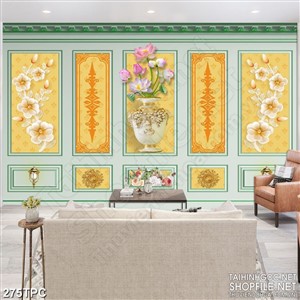 Tranh rèm màn decor trang trí bình hoa sen trên tường vàng