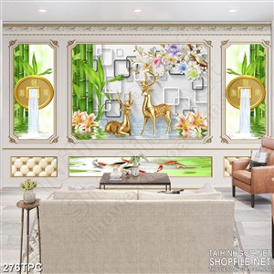 Tranh phào chỉ psd nghệ thuật đôi hươu vàng trên dòng suối