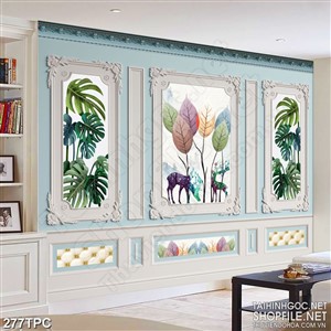 Tranh phào chỉ rèm màn psd hai chú hươu trong rừng một lá