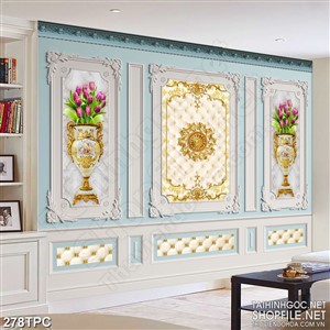 PSD tranh phào chỉ nghệ thuật bông tulip trong bình hoa dáp vàng