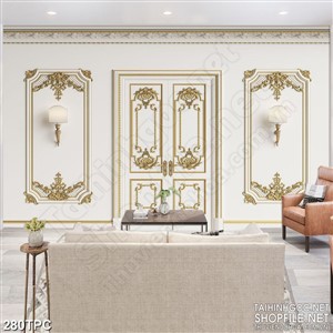 Tranh rèm màn decor trang trí cánh cửa giữa hai chiếc bóng đèn