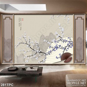 Tranh phào chỉ psd nghệ thuật cành hoa anh đào bên chiếc quạt