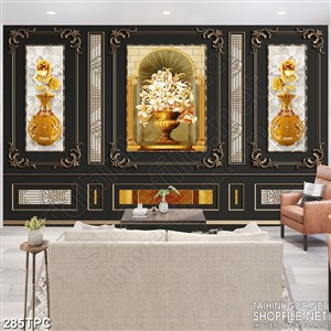 Tranh rèm màn decor trang trí chậu ly trắng bên bình hoa vàng