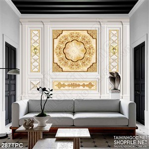 Tranh phào chỉ rèm màn psd hoa văn dáp vàng trên tường trắng