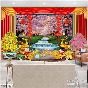 PSD tranh phào chỉ nghệ thuật rừng hoa anh đào bên dòng suối