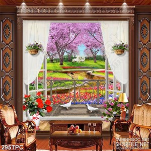 Tranh rèm màn decor trang trí đôi ngựa bạch dưới gốc anh đào