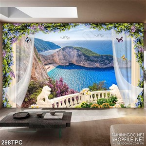 PSD tranh phào chỉ nghệ thuật ngọn núi trải dài trên biển xanh