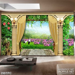 Tranh phào chỉ 5d đôi hạc trắng trên cánh đồng cỏ xanh đầy hoa