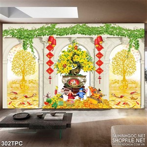 Tranh phào chỉ rèm màn psd chậu mai vàng bên đôi linh đồng