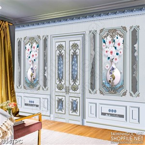 Tranh phào chỉ 5d cánh cửa giữa bức tường đúc bình hoa trắng