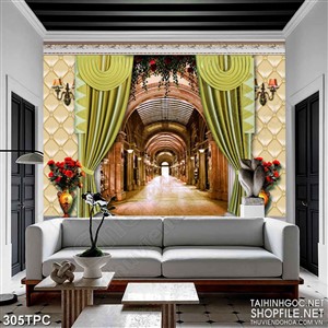 Tranh rèm màn decor trang trí hai bình hoa đỏ trước lối ra vào