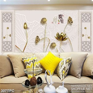 Tranh phào chỉ rèm màn psd những bông sen vàng trên tường