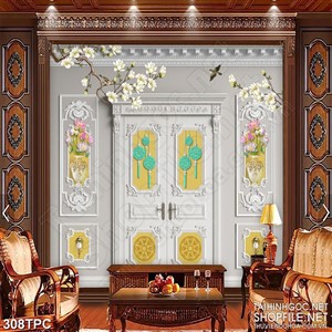 PSD tranh phào chỉ nghệ thuật cành hoa anh đào trước cửa nhà