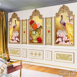Tranh rèm màn decor trang trí hoa mẫu đơn bên đôi chim công