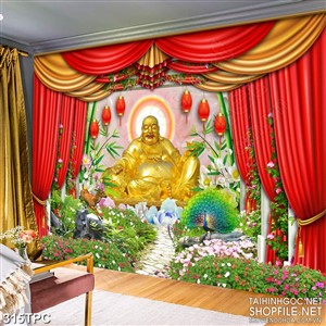 Tranh rèm màn decor trang trí Phật Di Lặc tọa lạc giữa khu rừng