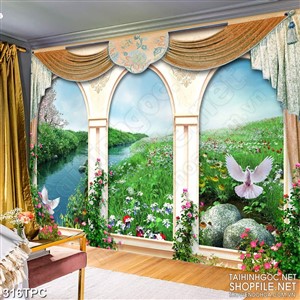 Tranh phào chỉ psd nghệ thuật con sông dài trên đồng cỏ xanh