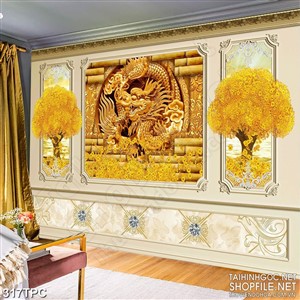 Tranh phào chỉ rèm màn psd rồng đúc vàng bên cây kim tiền