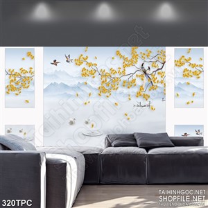 Tranh rèm màn decor trang trí những cánh mai vàng rơi trên sông