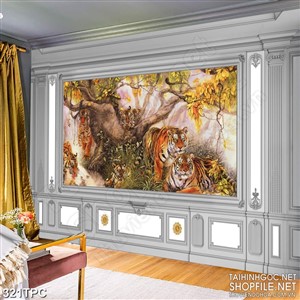 Tranh phào chỉ psd nghệ thuật ngũ hổ sum họp trong rừng già