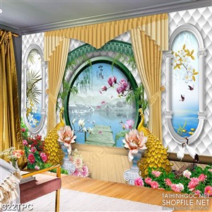 Tranh phào chỉ rèm màn psd đôi chim công dáp vàng bên sông