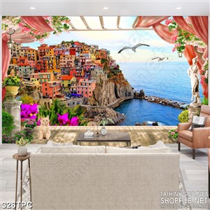 Tranh phào chỉ psd nghệ thuật thành phố chen chúc nhà trên biển