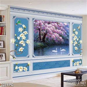 Tranh phào chỉ rèm màn psd cây anh đào nở rộ bên hồ thiên nga