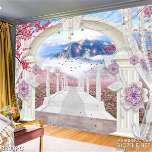 Tranh phào chỉ 5d cánh đồng hoa khoe sắc đón nắng dưới núi