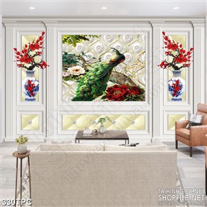 Tranh rèm màn decor trang trí chú công xanh bên cành mẫu đơn