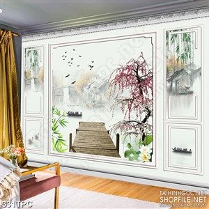 Tranh phào chỉ psd nghệ thuật cây cầu nhỏ trên sông mờ sương