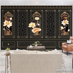 PSD tranh phào chỉ nghệ thuật bông sen vàng trên tường đen