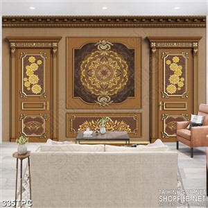 Tranh phào chỉ rèm màn psd bức tường nâu tây khảm hoa vàng