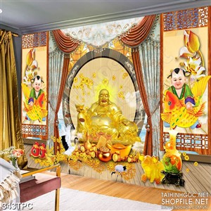 Tranh phào chỉ rèm màn psd Phật Di Lặc tọa lạc bên núi kim tiền