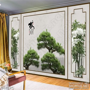 Tranh phào chỉ rèm màn psd những cây thông tỏa tán lá xanh