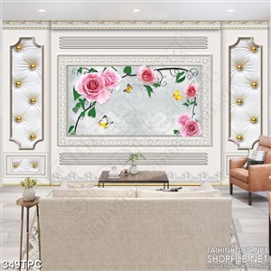 PSD tranh phào chỉ nghệ thuật đàn bướm bay lượn bên hoa hồng