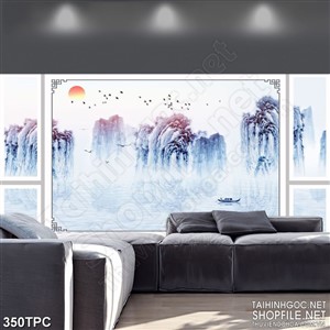 Tranh phào chỉ 5d đàn chim hạc bên mặt trời đỏ trên đỉnh núi