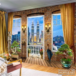 Tranh phào chỉ rèm màn psd tháp đôi về đêm rực ánh đèn điện