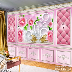 Tranh rèm màn decor trang trí đôi thiên nga dáp vàng trên hồ