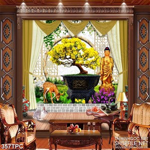 Tranh phào chỉ psd nghệ thuật Phật Di Lặc bên chậu mai vàng