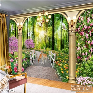 Tranh phào chỉ rèm màn psd ánh nắng vàng xuyên qua khu rừng