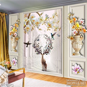 Tranh phào chỉ rèm màn psd cặp sừng trổ đầy hoa của chú hươu