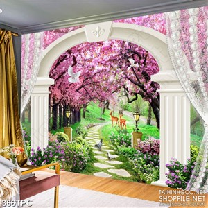 Tranh rèm màn decor trang trí đàn hươu dạo bước dưới rừng đào