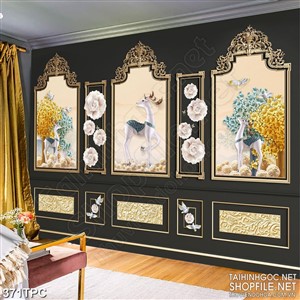 Tranh phào chỉ psd nghệ thuật chú hươu trắng bên cây kim tiền