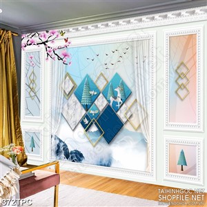 Tranh phào chỉ rèm màn psd những ô vuông xanh ghép trên tường