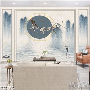 PSD tranh phào chỉ nghệ thuật cành hoa đào trắng trên sông lặng