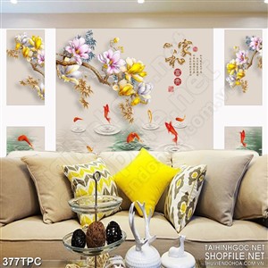 Tranh phào chỉ rèm màn psd đàn cá chép vàng nhảy trên mặt hồ