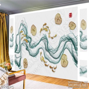 Tranh rèm màn decor trang trí đàn cá chép vàng trong làn nước