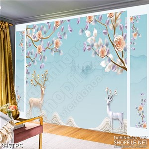 Tranh rèm màn decor trang trí chú hươu trắng trong rừng hoa