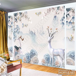 Tranh phào chỉ rèm màn psd đôi hươu trắng bên đàn chim non